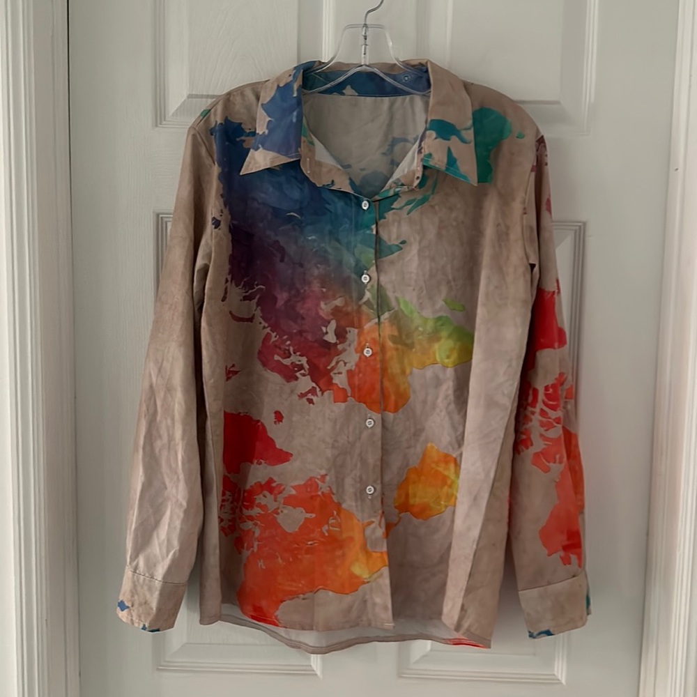 Button Down Rainbow Map Shirt Size L